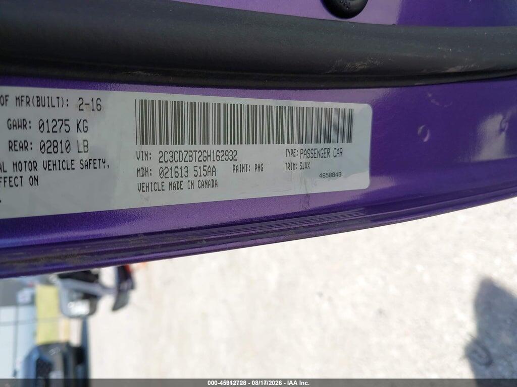 2C3CDZBT2GH162932 2016 DODGE CHALLENGER photo no. 9