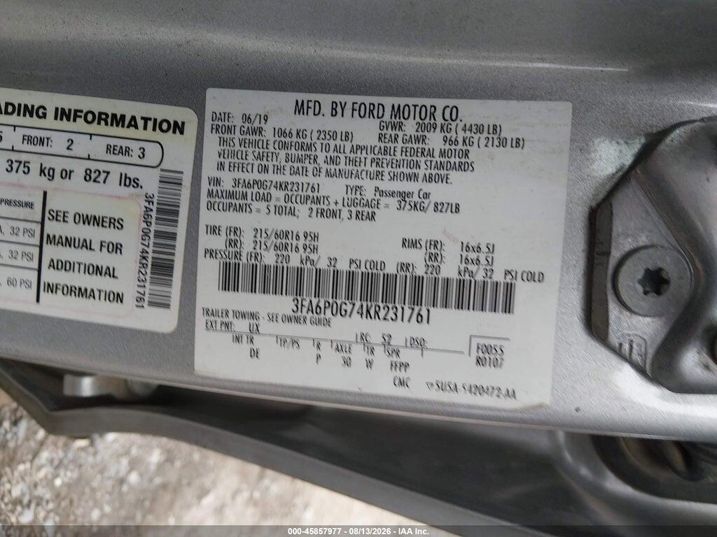 3FA6P0G74KR231761 2019 FORD FUSION photo no. 9
