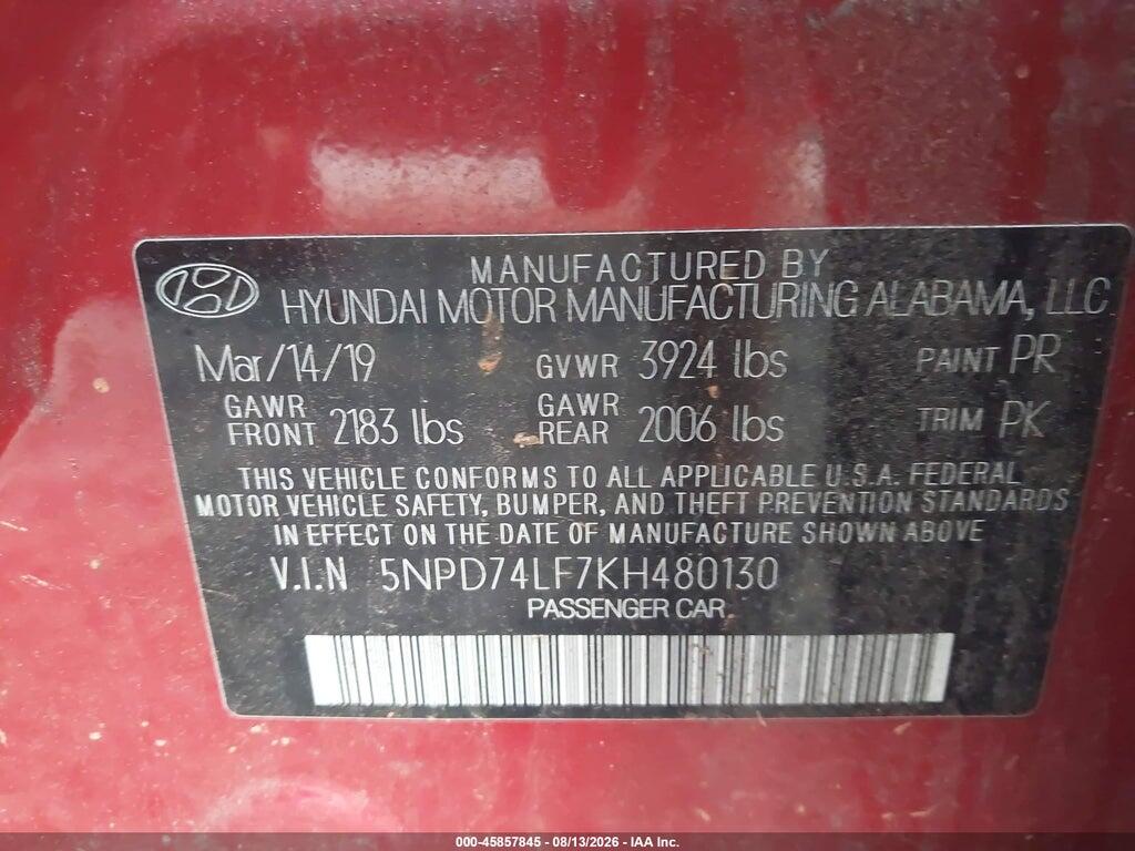 5NPD74LF7KH480130 2019 HYUNDAI ELANTRA photo no. 9