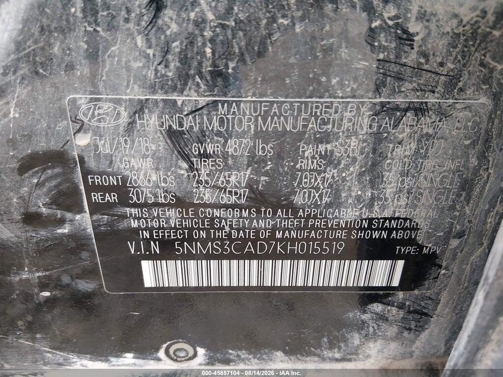 5NMS3CAD7KH015519 2019 HYUNDAI SANTA FE photo no. 9