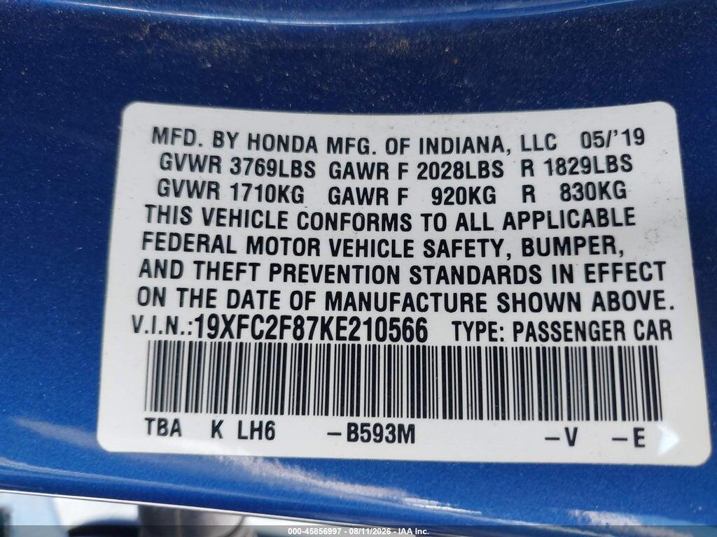 19XFC2F87KE210566 2019 HONDA CIVIC photo no. 9