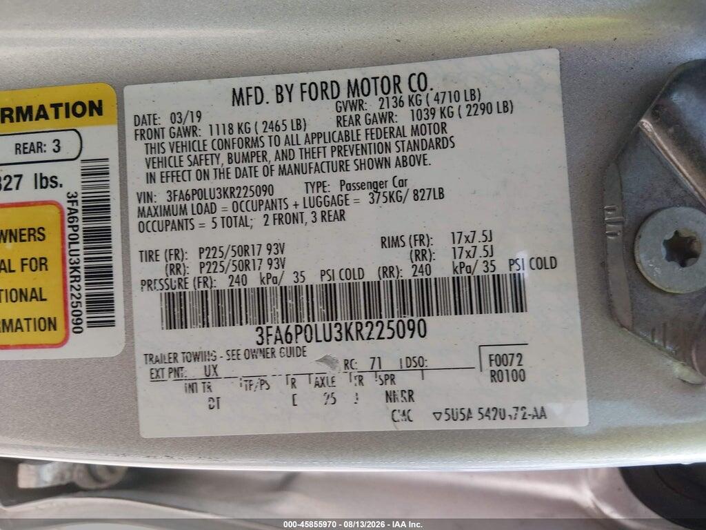3FA6P0LU3KR225090 2019 FORD FUSION HYBRID photo no. 9
