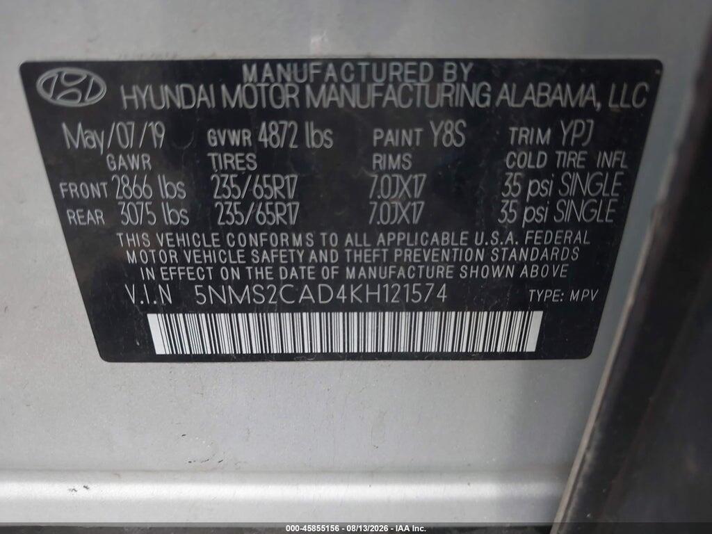 5NMS2CAD4KH121574 2019 HYUNDAI SANTA FE photo no. 9
