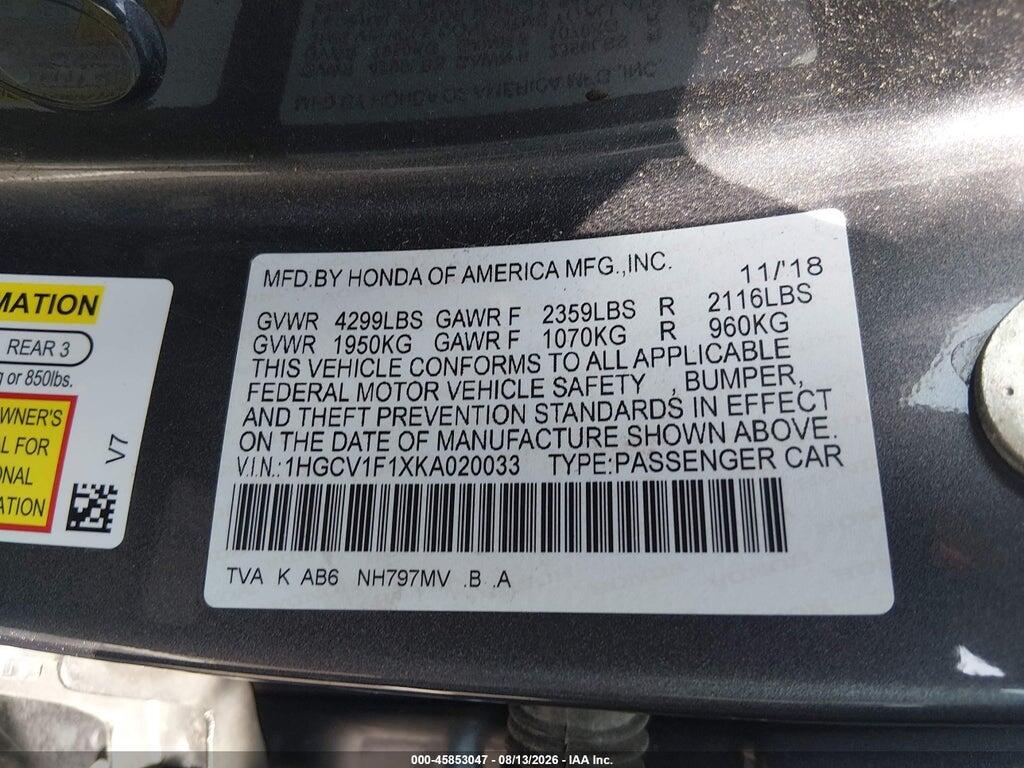 1HGCV1F1XKA020033 2019 HONDA ACCORD photo no. 9