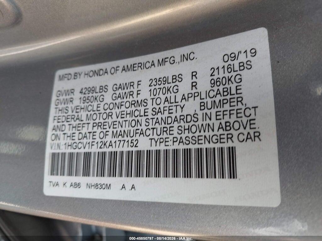 1HGCV1F12KA177152 2019 HONDA ACCORD photo no. 9