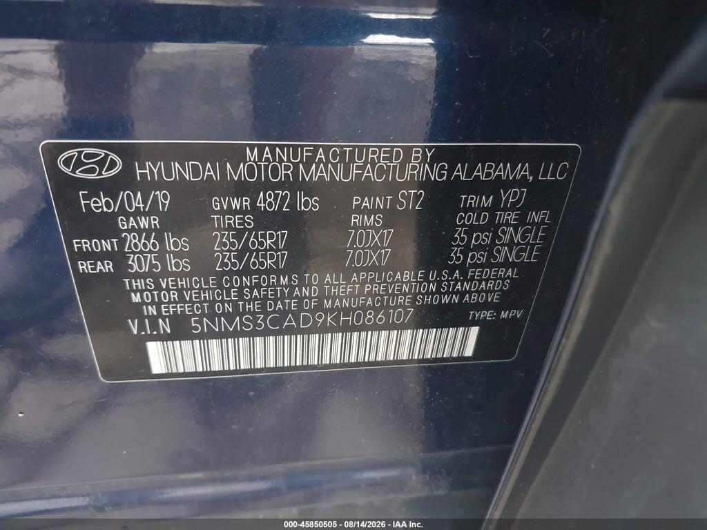 5NMS3CAD9KH086107 2019 HYUNDAI SANTA FE photo no. 9