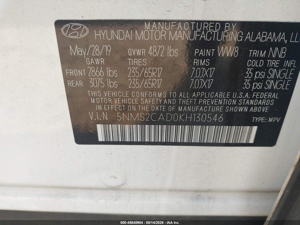 5NMS2CAD0KH130546 2019 HYUNDAI SANTA FE photo no. 9