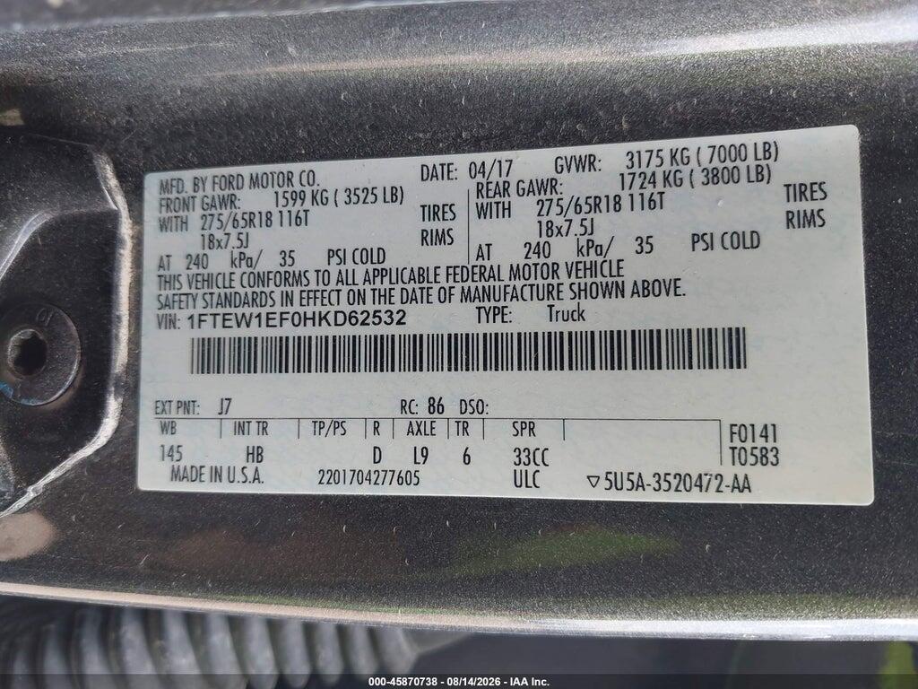 1FTEW1EF0HKD62532 2017 FORD F-150 photo no. 9
