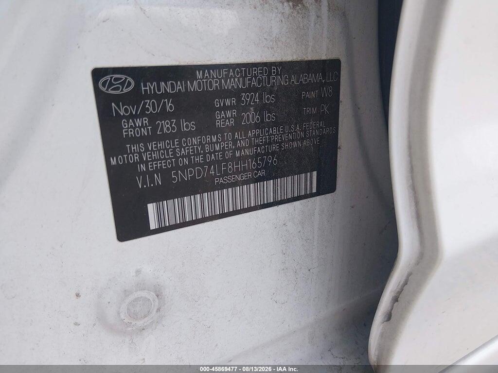 5NPD74LF8HH165796 2017 HYUNDAI ELANTRA photo no. 9