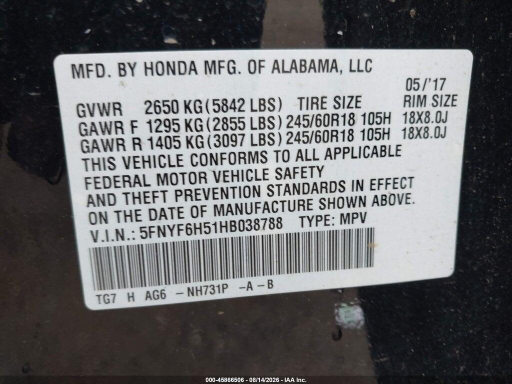 5FNYF6H51HB038788 2017 HONDA PILOT photo no. 9