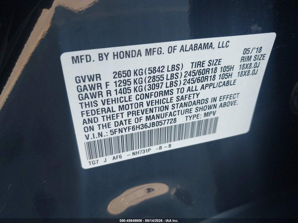 5FNYF6H36JB057728 2018 HONDA PILOT photo no. 9