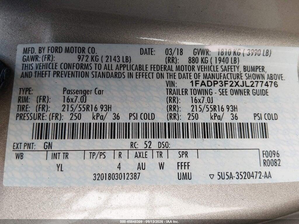 1FADP3F2XJL277476 2018 FORD FOCUS photo no. 9