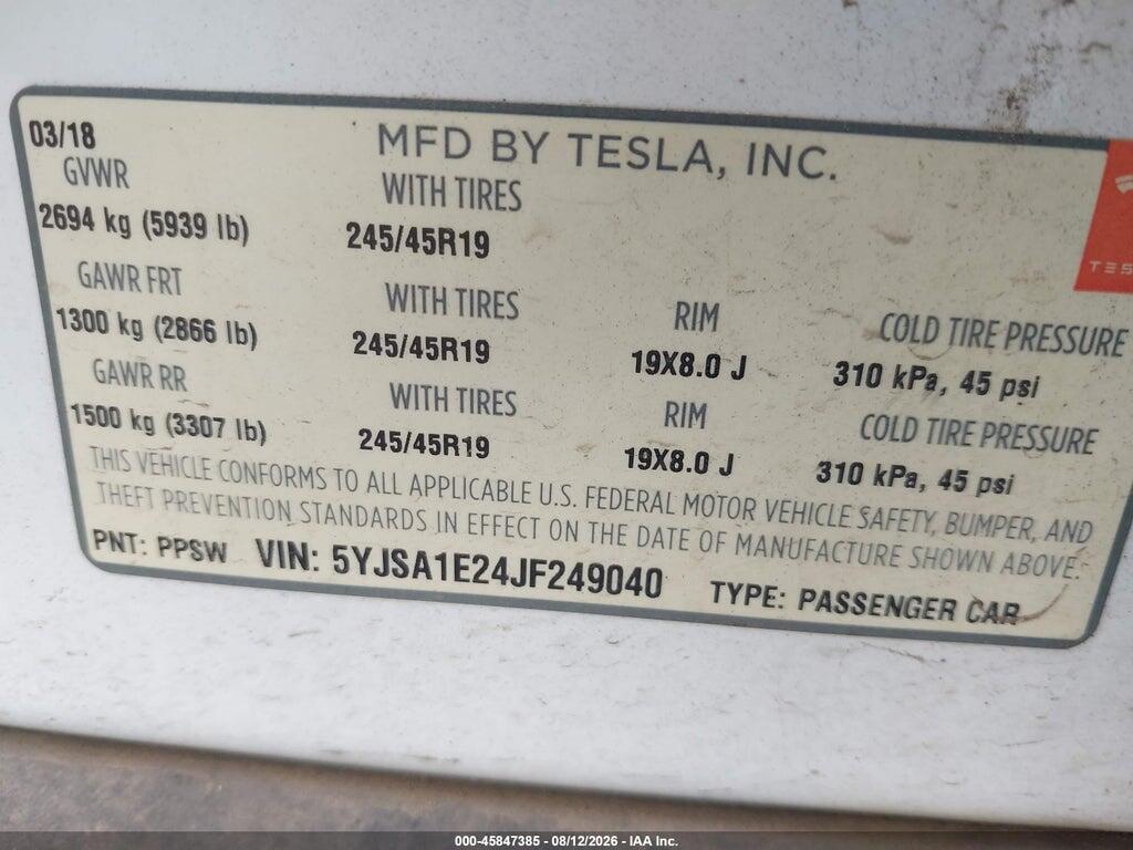 5YJSA1E24JF249040 2018 TESLA MODEL S photo no. 8