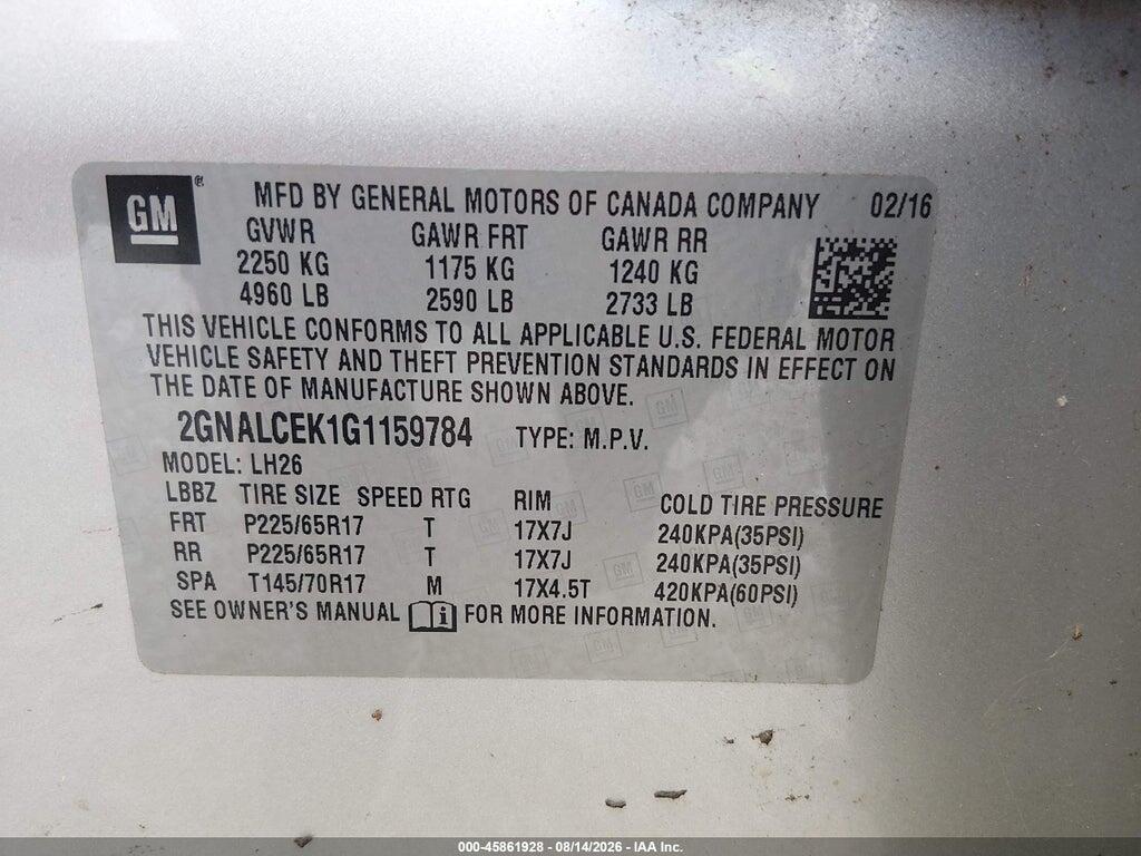 2GNALCEK1G1159784 2016 CHEVROLET EQUINOX photo no. 9