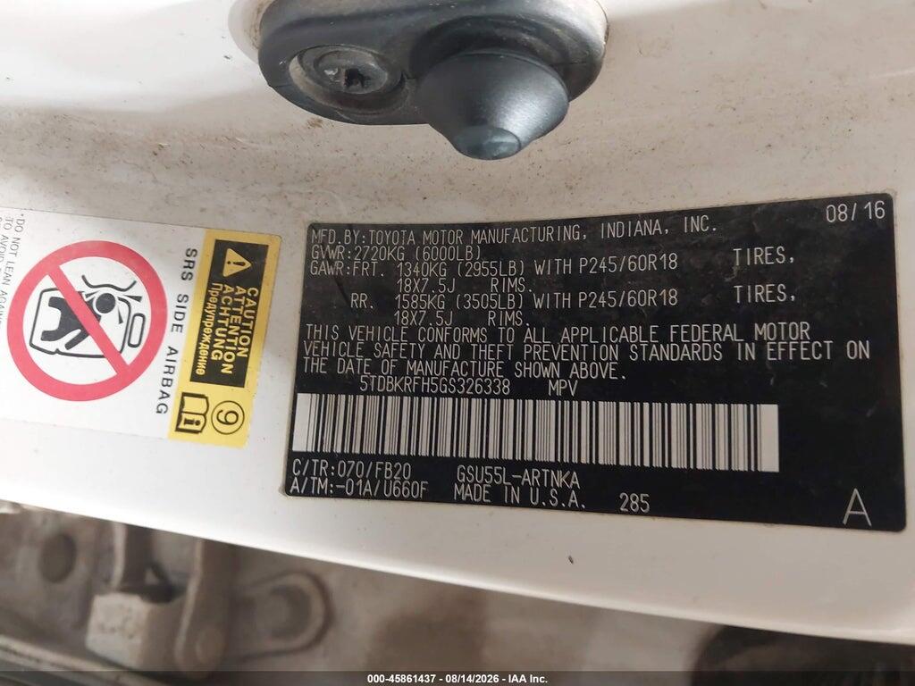5TDBKRFH5GS326338 2016 TOYOTA HIGHLANDER photo no. 9