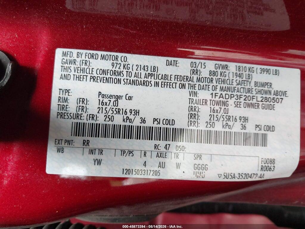 1FADP3F20FL280507 2015 FORD FOCUS photo no. 9