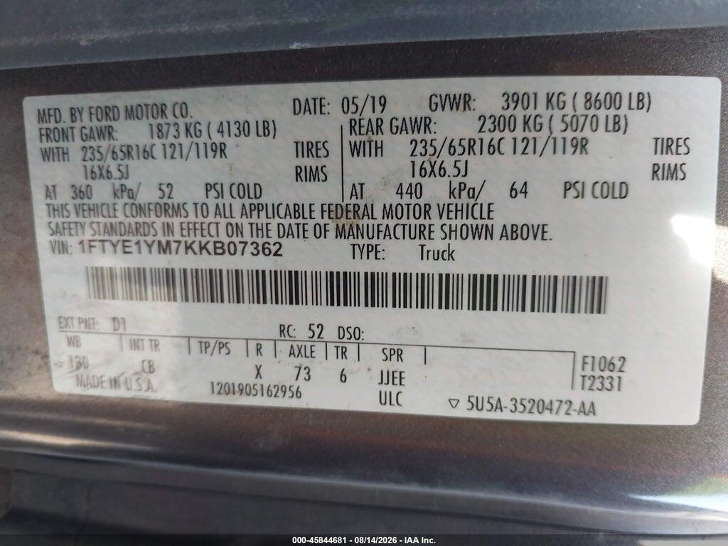 1FTYE1YM7KKB07362 2019 FORD TRANSIT-150 photo no. 9