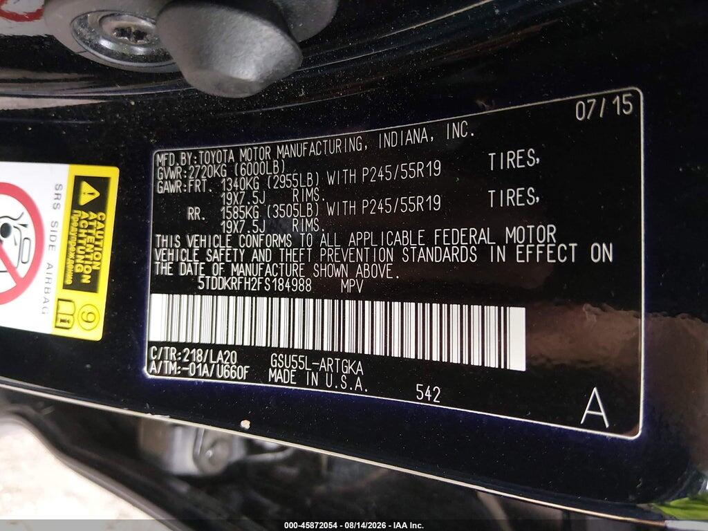 5TDDKRFH2FS184988 2015 TOYOTA HIGHLANDER photo no. 9