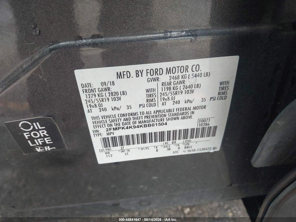 2FMPK4K94KBB01504 2019 FORD EDGE photo no. 9