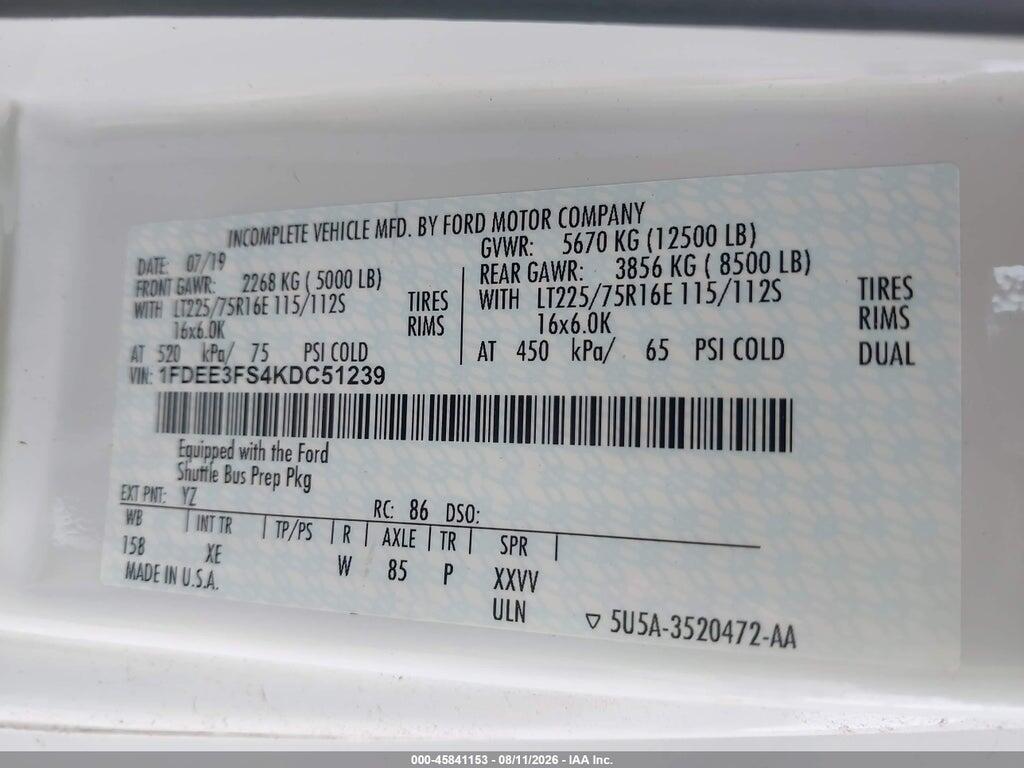 1FDEE3FS4KDC51239 2019 FORD E-350 CUTAWAY photo no. 8