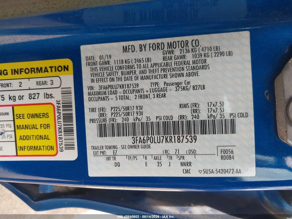 3FA6P0LU7KR187539 2019 FORD FUSION HYBRID photo no. 9