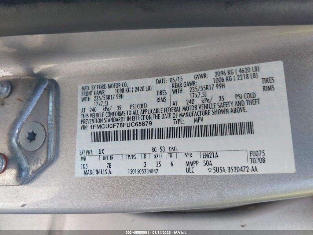 1FMCU0F78FUC65879 2015 FORD ESCAPE photo no. 9