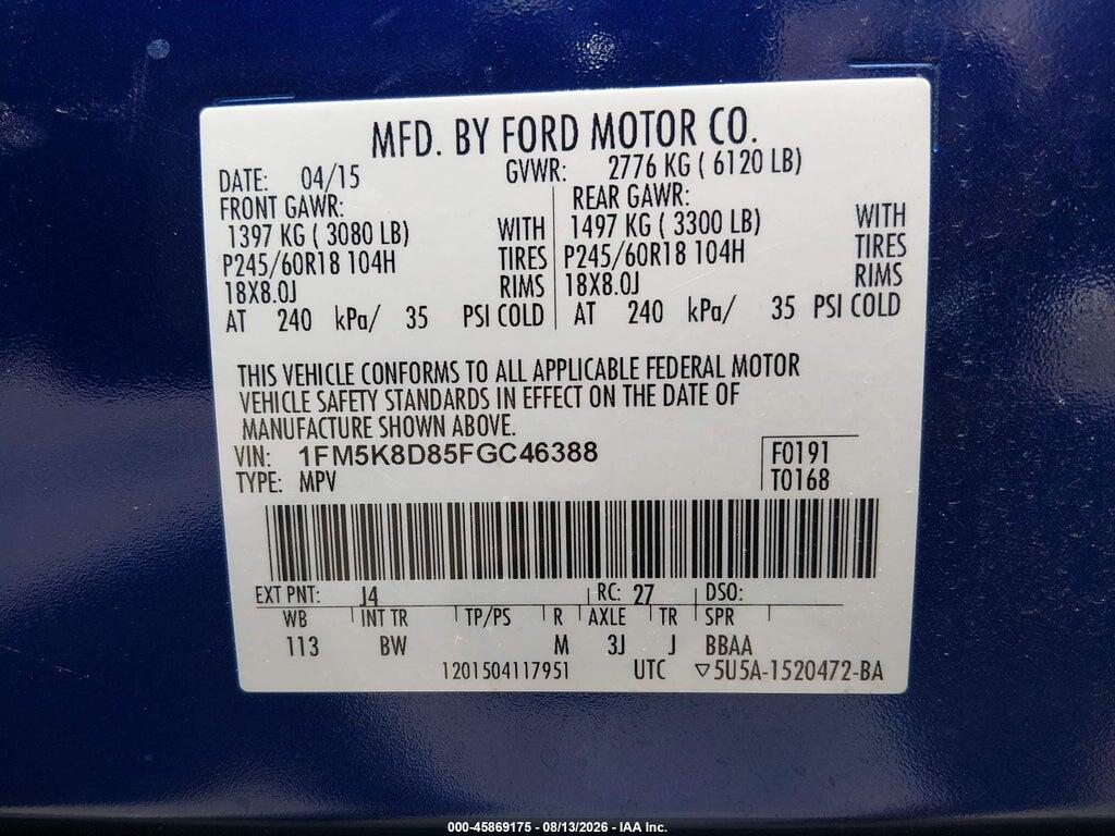 1FM5K8D85FGC46388 2015 FORD EXPLORER photo no. 9