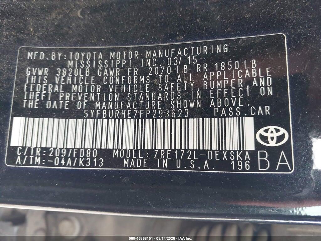 5YFBURHE7FP293623 2015 TOYOTA COROLLA photo no. 9