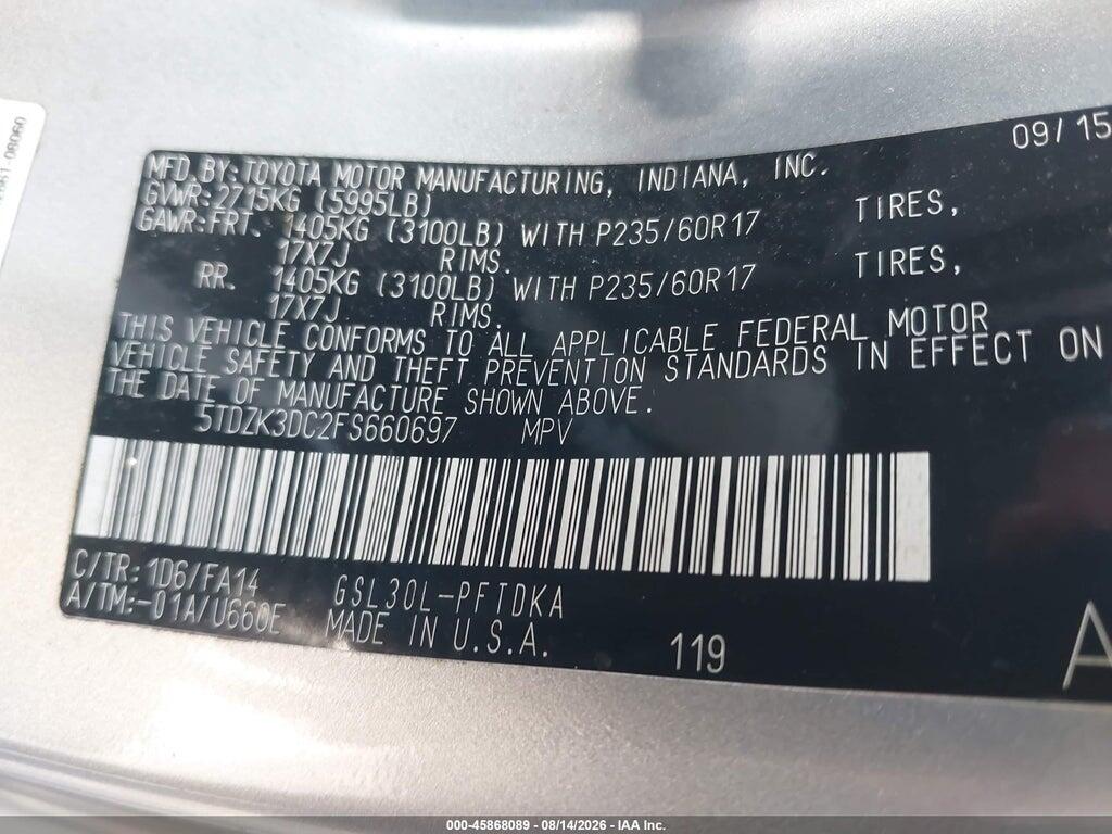 5TDZK3DC2FS660697 2015 TOYOTA SIENNA photo no. 9