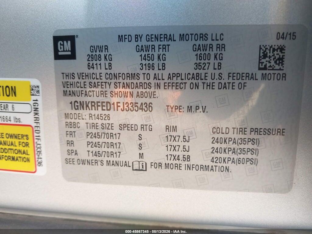 1GNKRFED1FJ335436 2015 CHEVROLET TRAVERSE photo no. 9