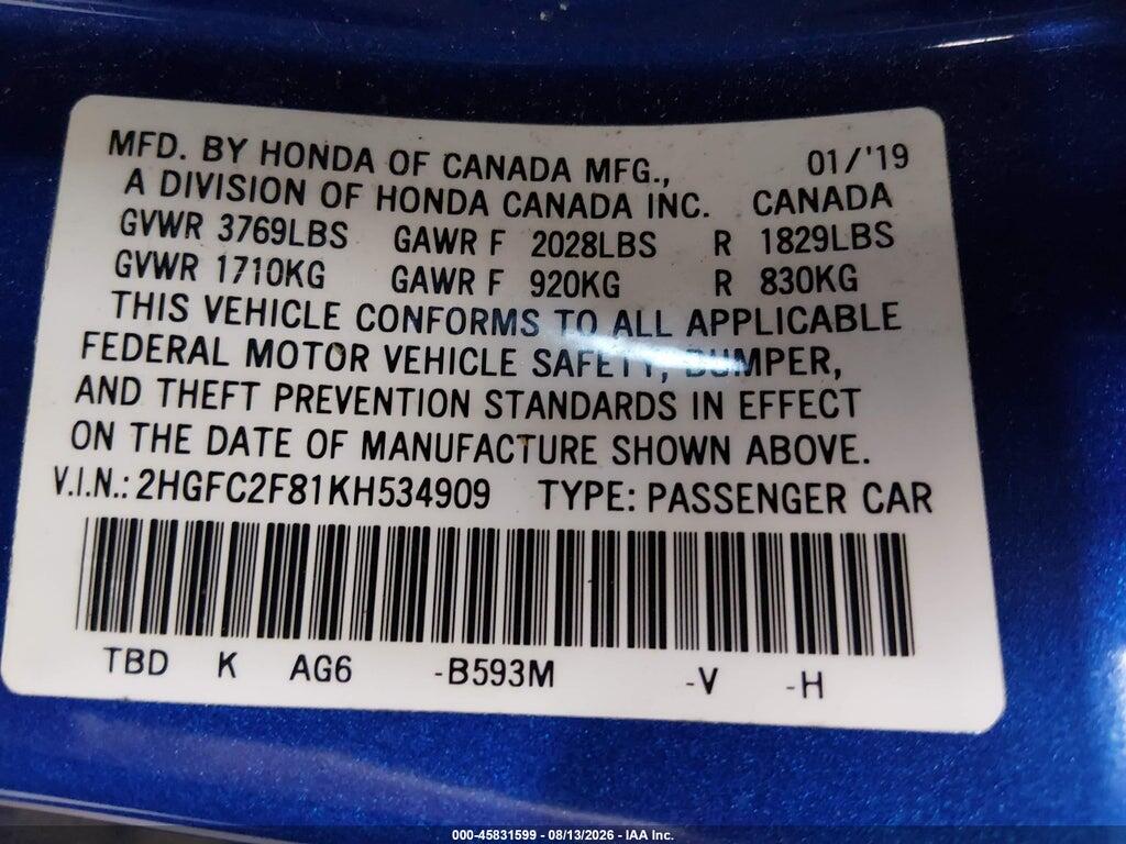 2HGFC2F81KH534909 2019 HONDA CIVIC photo no. 9