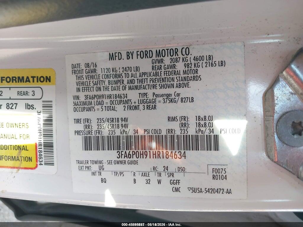 3FA6P0H91HR184634 2017 FORD FUSION photo no. 9