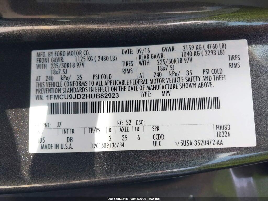 1FMCU9JD2HUB82923 2017 FORD ESCAPE photo no. 9