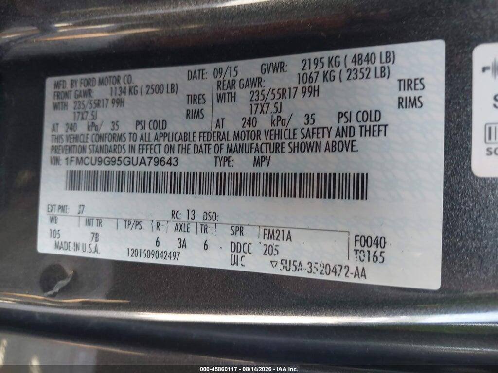 1FMCU9G95GUA79643 2016 FORD ESCAPE photo no. 9