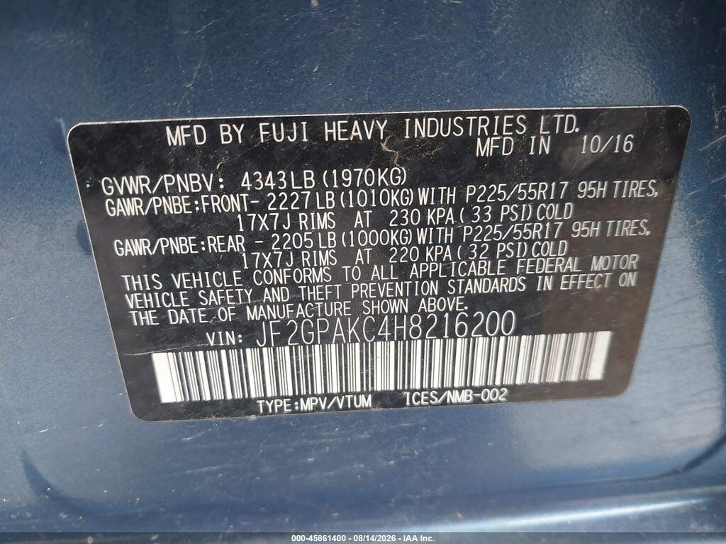 JF2GPAKC4H8216200 2017 SUBARU CROSSTREK photo no. 9