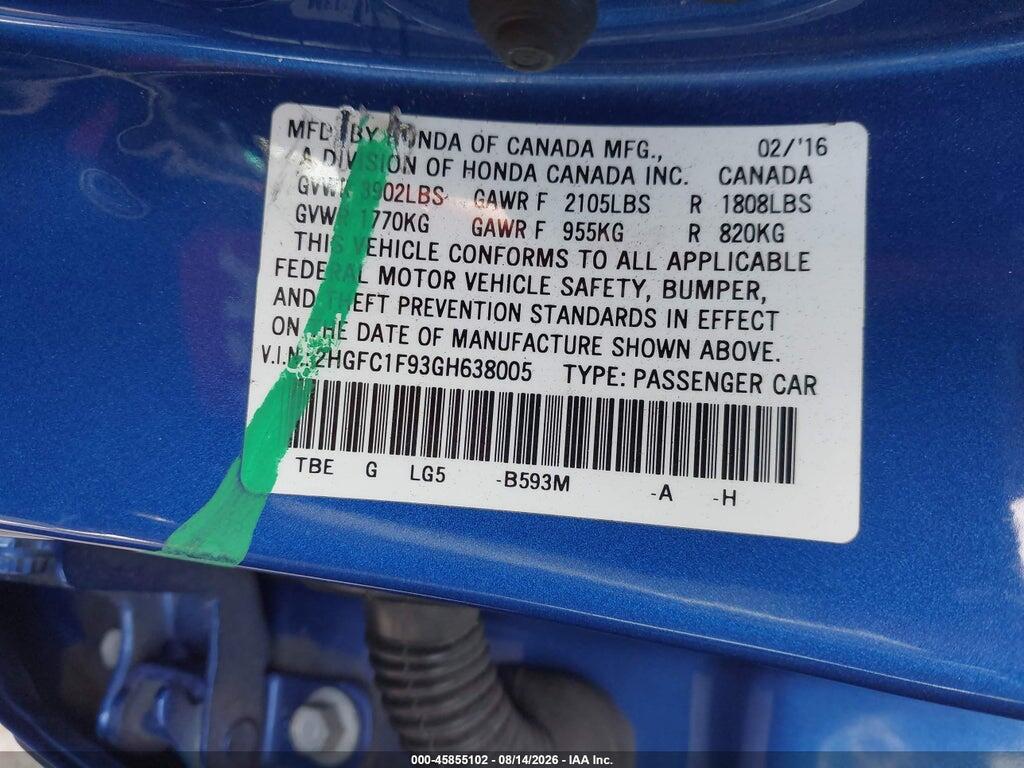 2HGFC1F93GH638005 2016 HONDA CIVIC photo no. 9