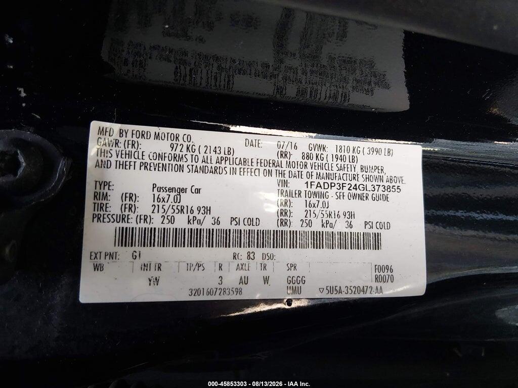1FADP3F24GL373855 2016 FORD FOCUS photo no. 9