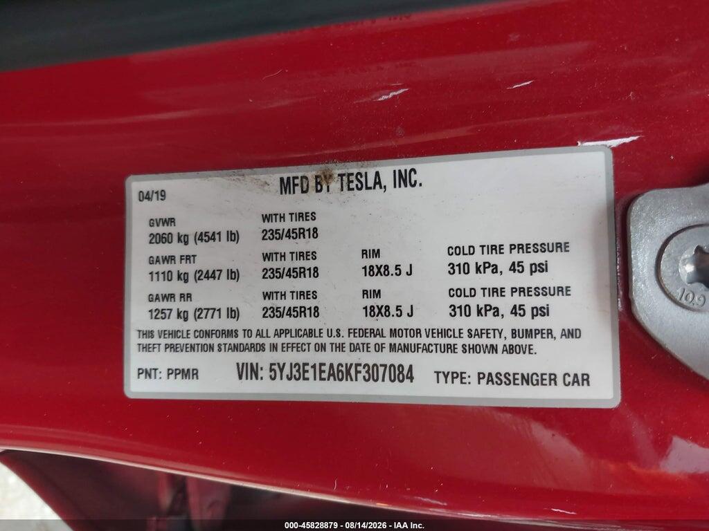 5YJ3E1EA6KF307084 2019 TESLA MODEL 3 photo no. 9