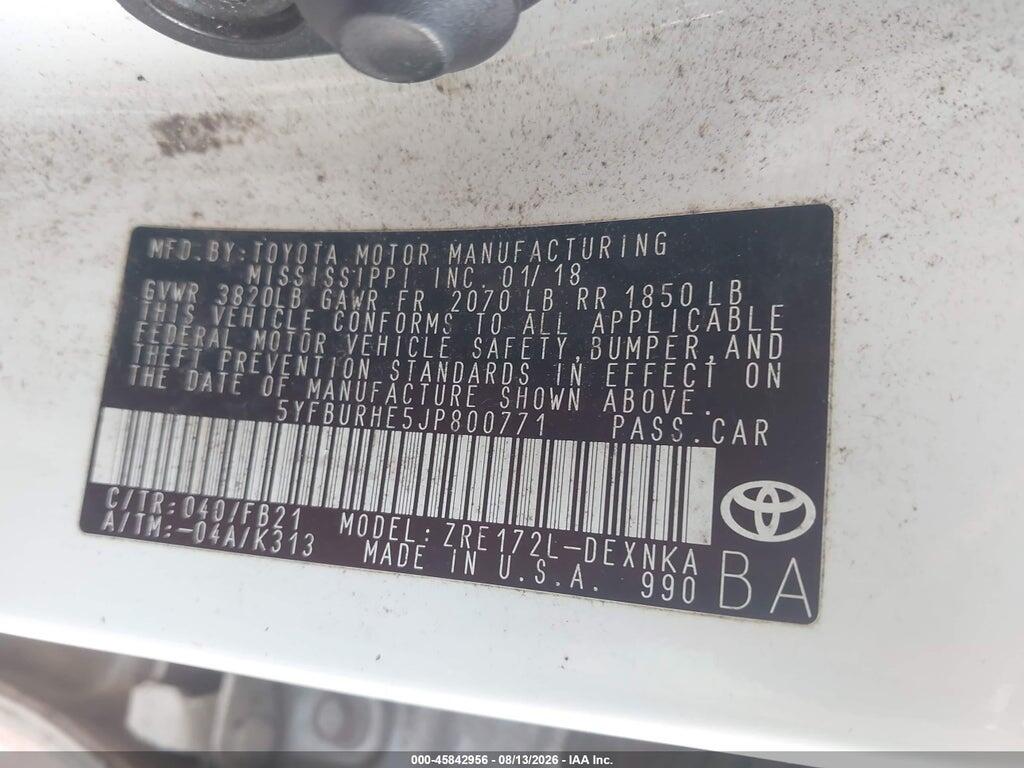 5YFBURHE5JP800771 2018 TOYOTA COROLLA photo no. 9