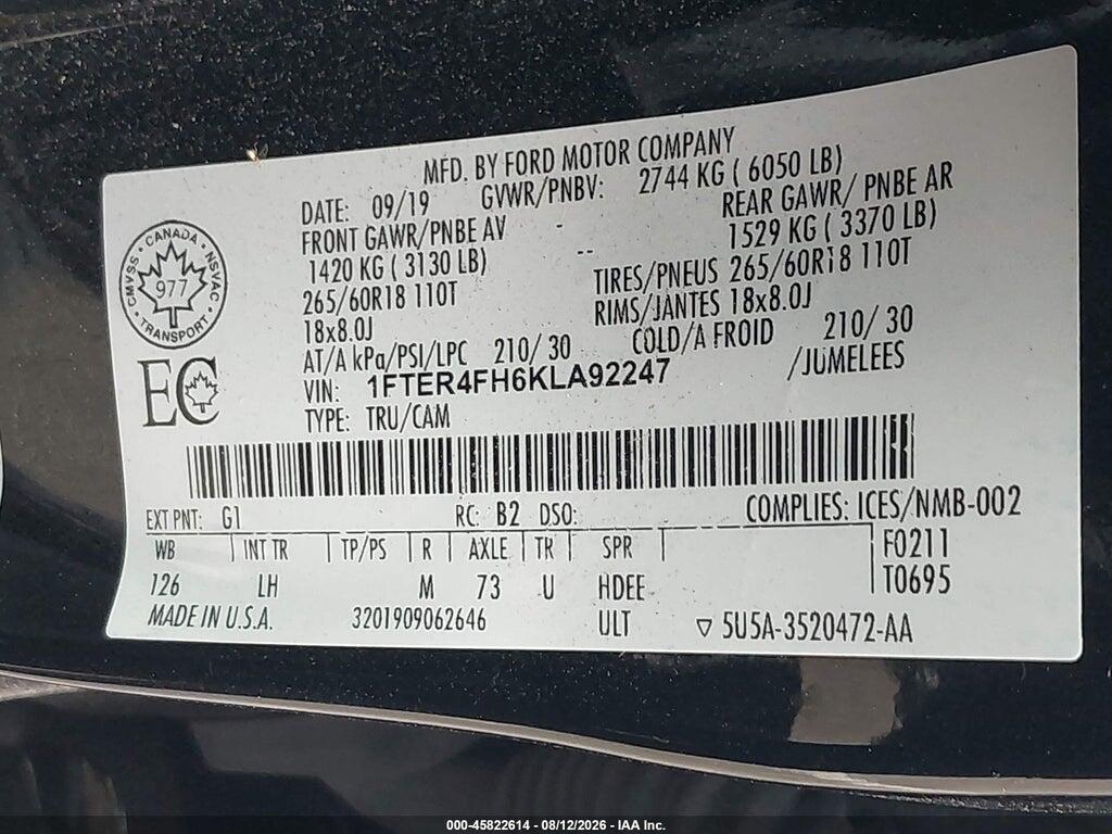 1FTER4FH6KLA92247 2019 FORD RANGER photo no. 9