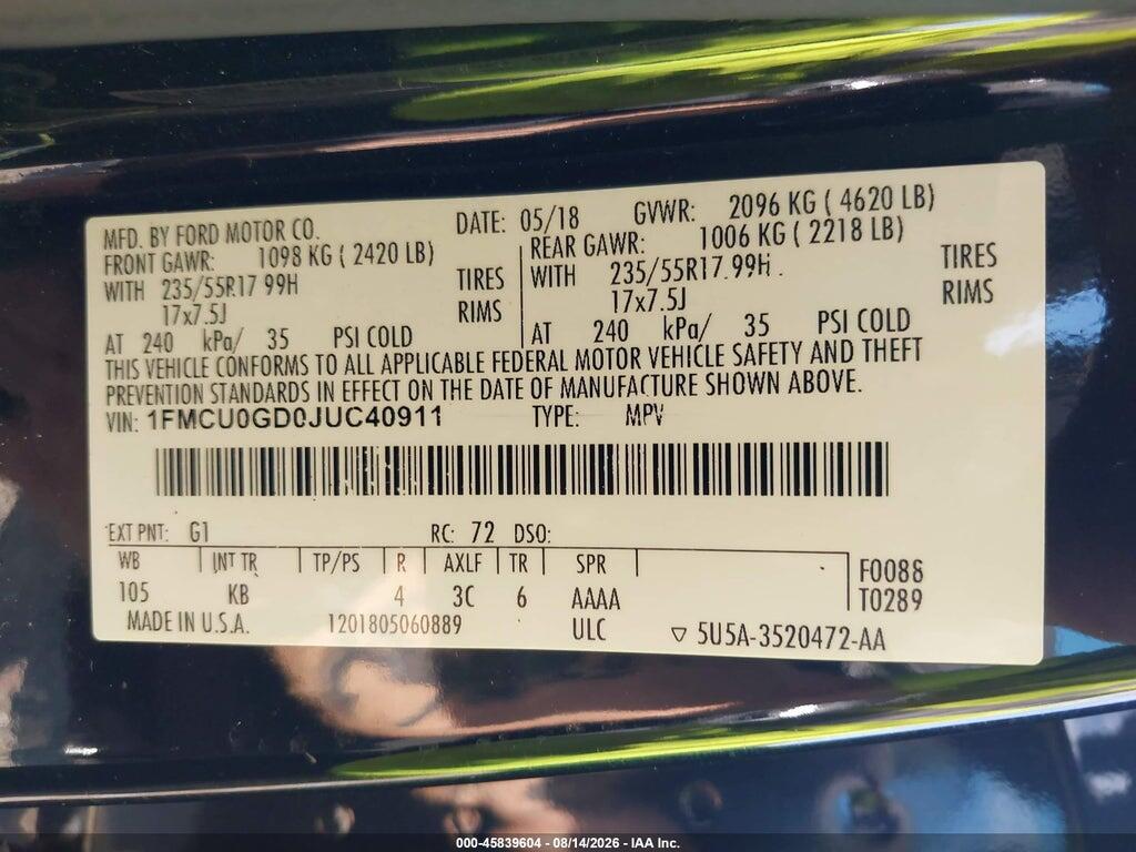 1FMCU0GD0JUC40911 2018 FORD ESCAPE photo no. 9