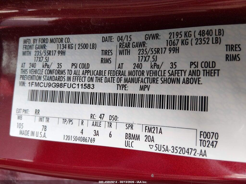 1FMCU9G98FUC11583 2015 FORD ESCAPE photo no. 9