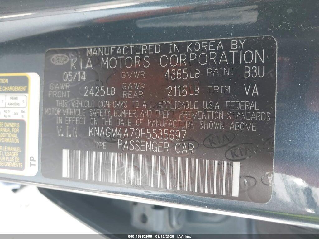 KNAGM4A70F5535697 2015 KIA OPTIMA photo no. 9