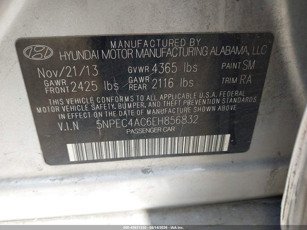 5NPEC4AC6EH856832 2014 HYUNDAI SONATA photo no. 9