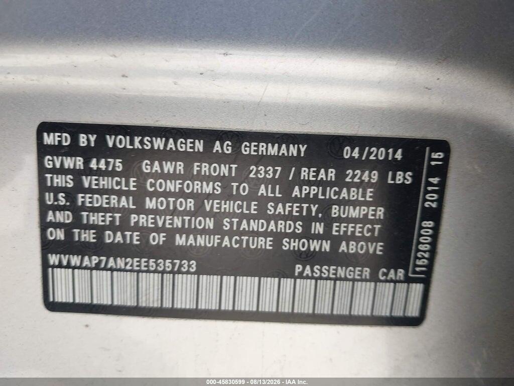 WVWAP7AN2EE535733 2014 VOLKSWAGEN CC photo no. 9