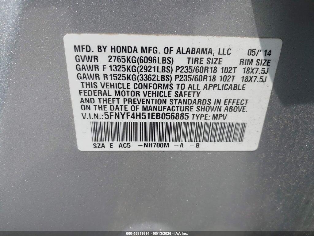 5FNYF4H51EB056885 2014 HONDA PILOT photo no. 9