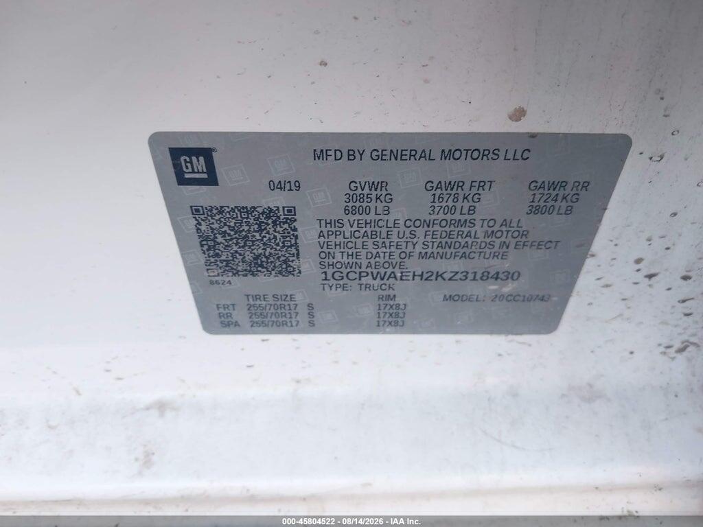 1GCPWAEH2KZ318430 2019 CHEVROLET SILVERADO 1500 photo no. 9