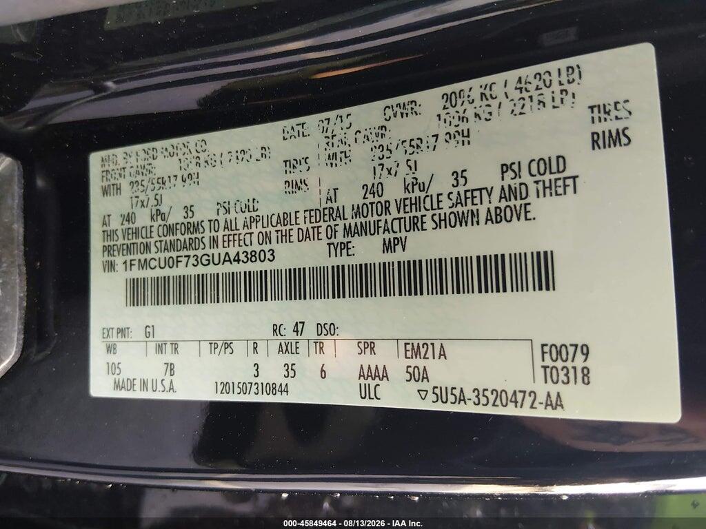 1FMCU0F73GUA43803 2016 FORD ESCAPE photo no. 9