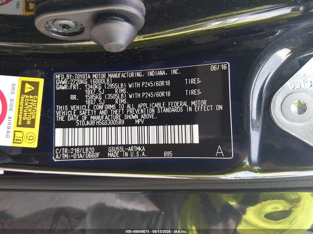 5TDJKRFH5GS300589 2016 TOYOTA HIGHLANDER photo no. 9