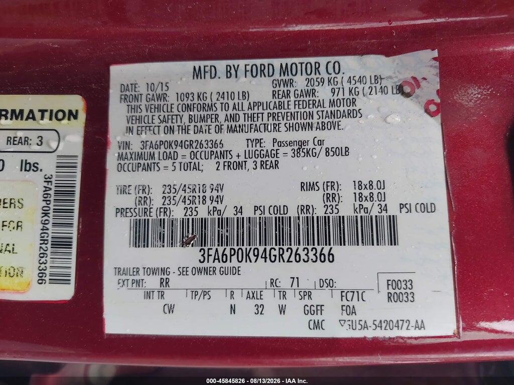 3FA6P0K94GR263366 2016 FORD FUSION photo no. 9